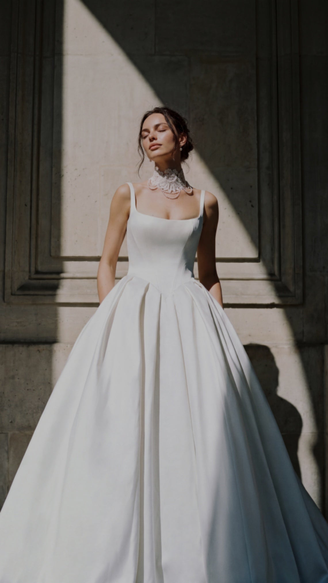 White Satin Strapless Ballgown with Pleated Skirt and Lace Choker White Satin Strapless Ballgown with Pleated Skirt and Lace Choker — Strapless Dresses 2027