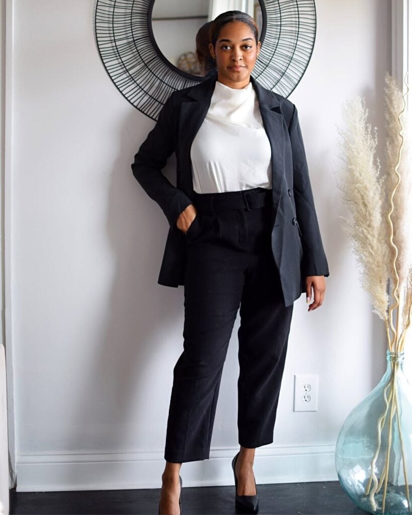Sharp Charcoal Suit with White Turtleneck and Slim Trousers — Corporate Baddie Outfits 2027
