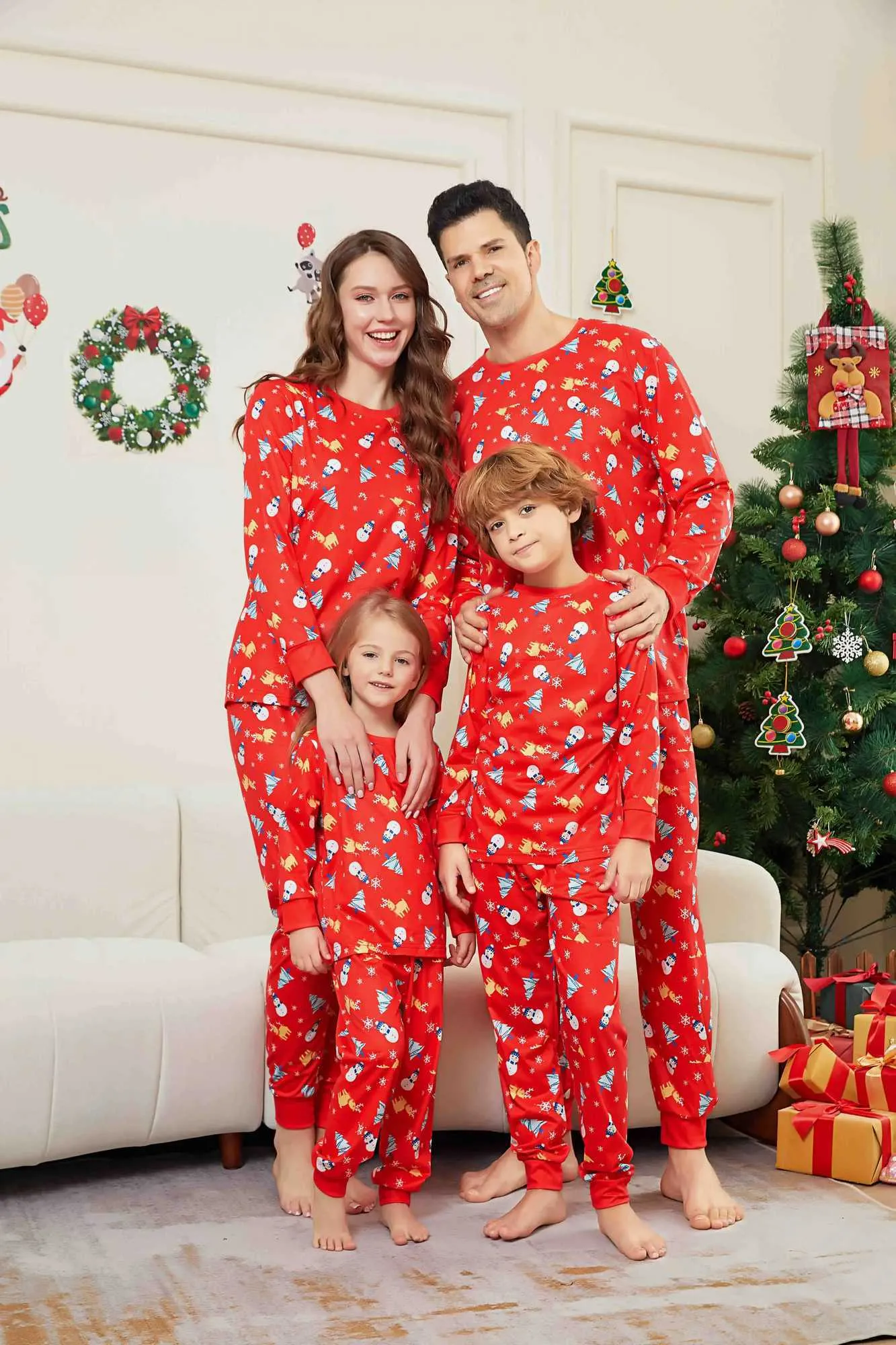 Christmas Red Snowman And Tree Print Pajamas Christmas Red Snowman And Tree Print Pajamas — Matching Family Christmas Outfits 2026