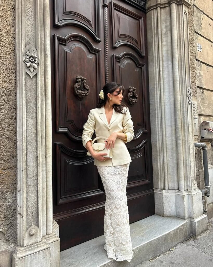 Cream Blazer with Lace Maxi Skirt for Romantic Dining Cream Blazer with Lace Maxi Skirt for Romantic Dining — Italian Restaurant Outfits 2027