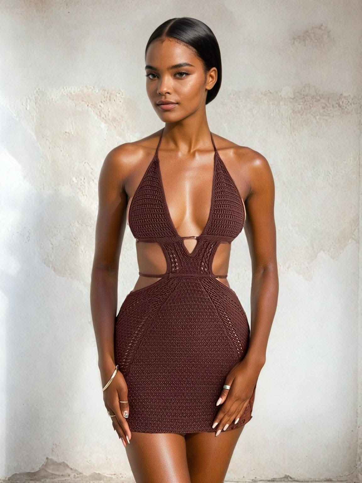 Dark Brown Halter Mini Dress with Cut-Outs Dark Brown Halter Mini Dress with Cut-Outs — Crochet Dresses 2027