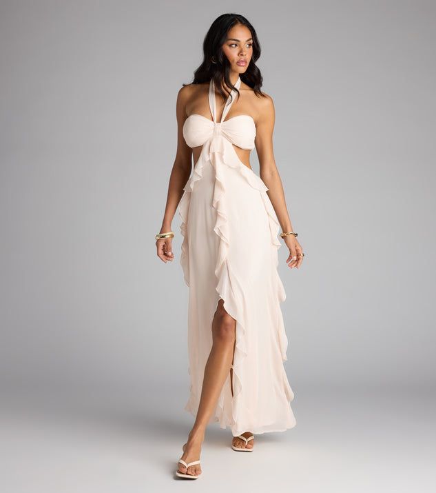 Pale Pink Ruffled Halter Neck Maxi Dress Pale Pink Ruffled Halter Neck Maxi Dress — Bridal Shower Dress 2027 for Guest