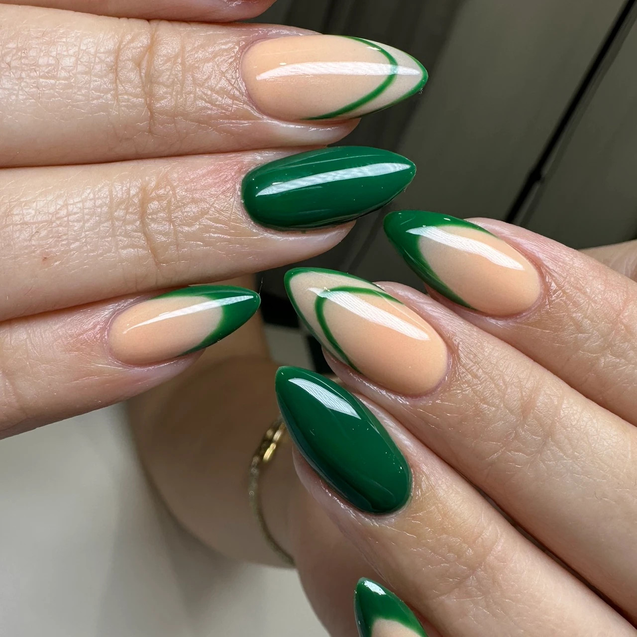 Nude Base Green French Tip Almond Nails Nude Base Green French Tip Almond Nails — Emerald Nails 2027