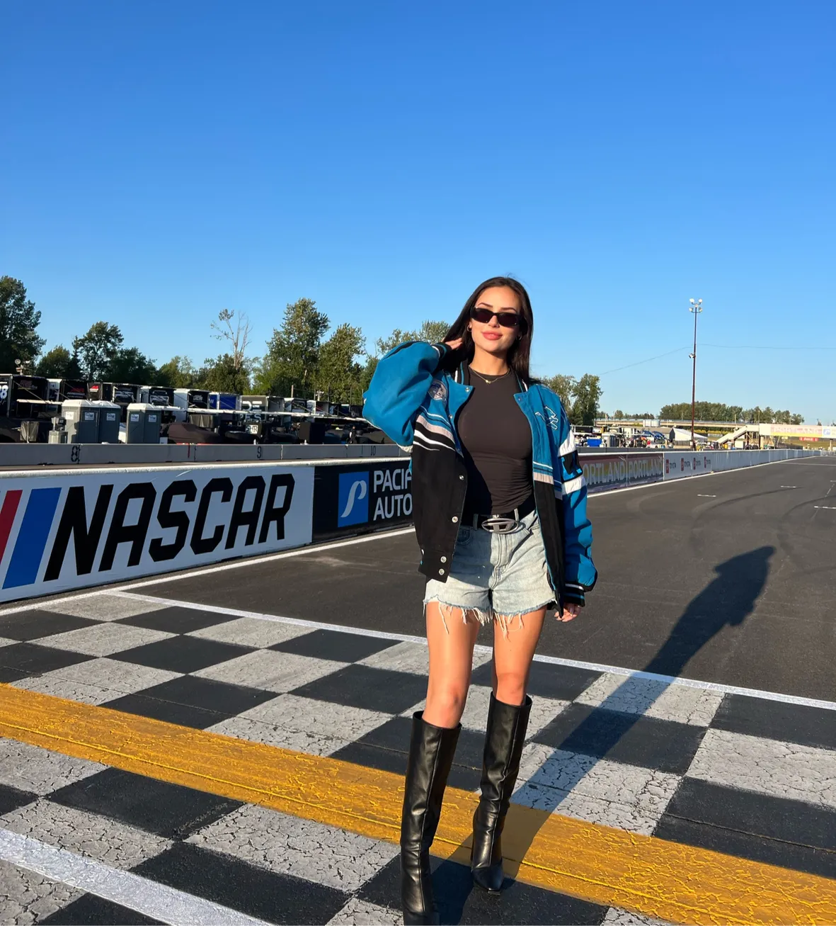 Fitted Racing Jacket with Denim Shorts and Knee-High Boots — NASCAR Outfits 2027