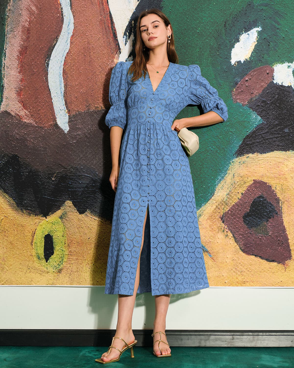 Blue Eyelet Lace Midi Dress with Puff Sleeves and Gold Accents Blue Eyelet Lace Midi Dress with Puff Sleeves and Gold Accents — Puff Sleeve Dresses 2027
