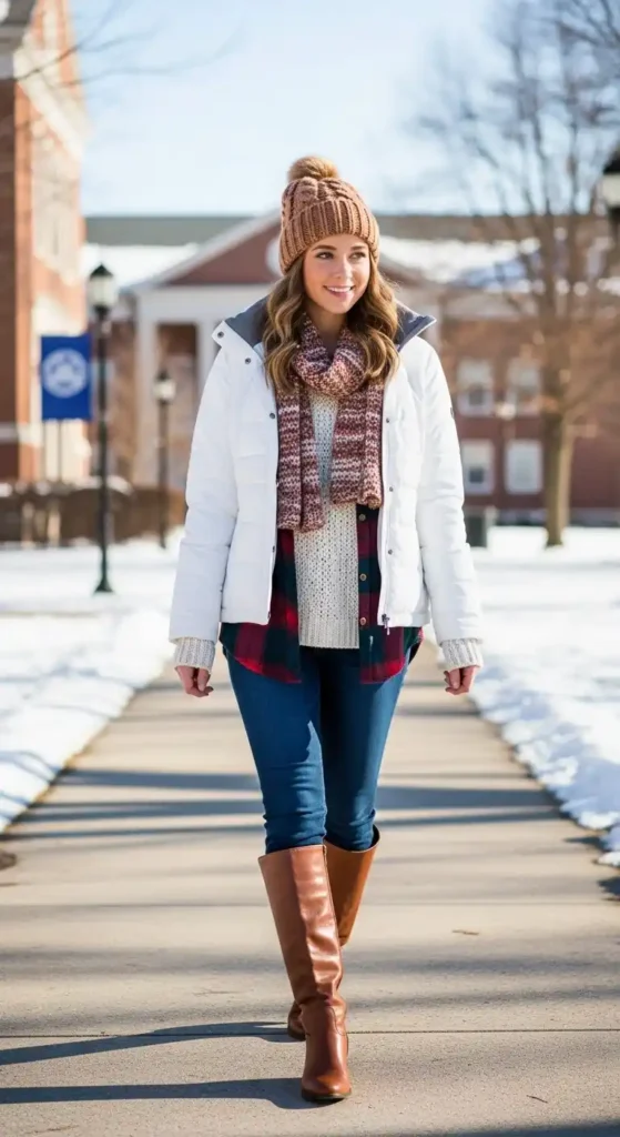 White Puffer Jacket with Plaid Shirt and Brown Boots for Cozy Winter Layers — Snow Outfits 2027