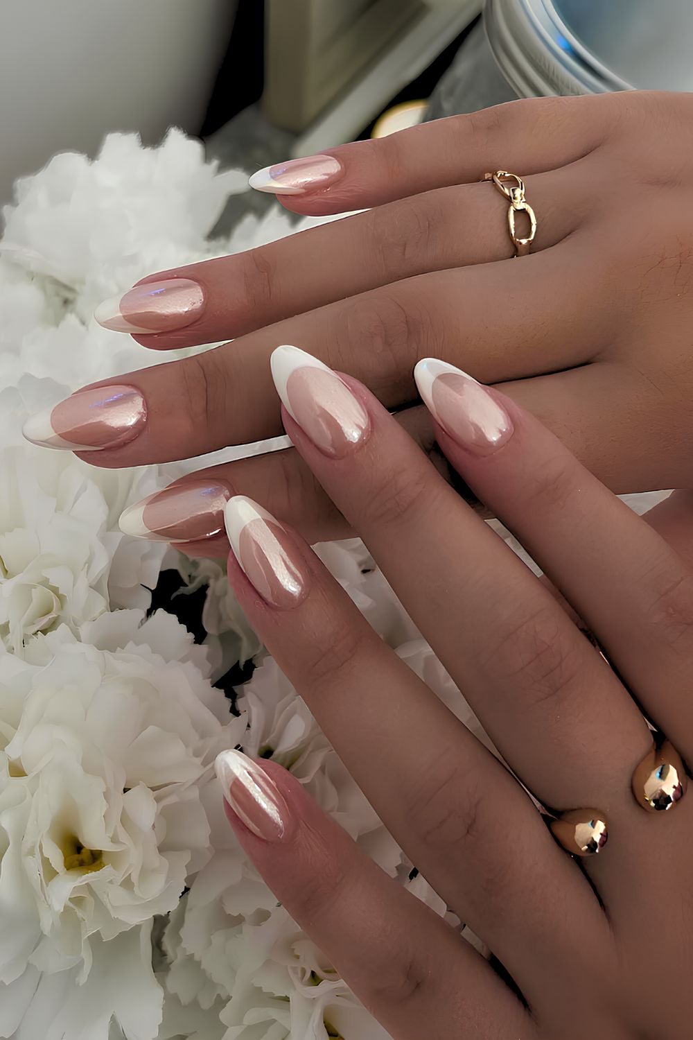 Medium Almond Nude French With Pearlescent Tips Medium Almond Nude French With Pearlescent Tips — Simple Graduation Nails 2027