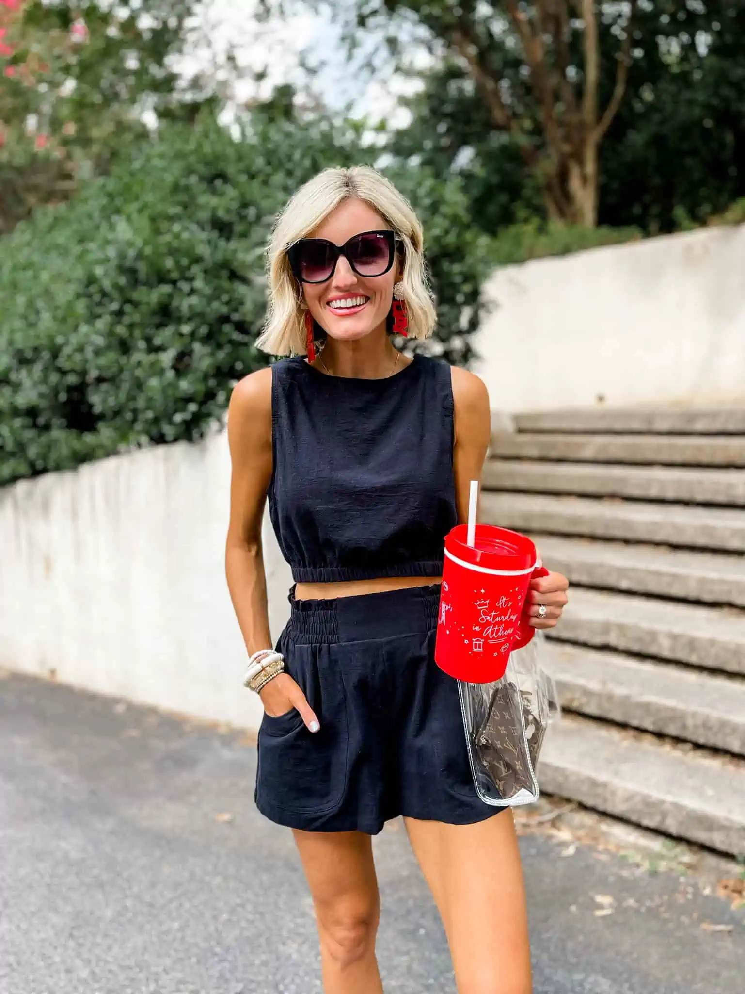 Monochromatic Cool: Black Set with Red Accents — College Game Day Outfits 2026
