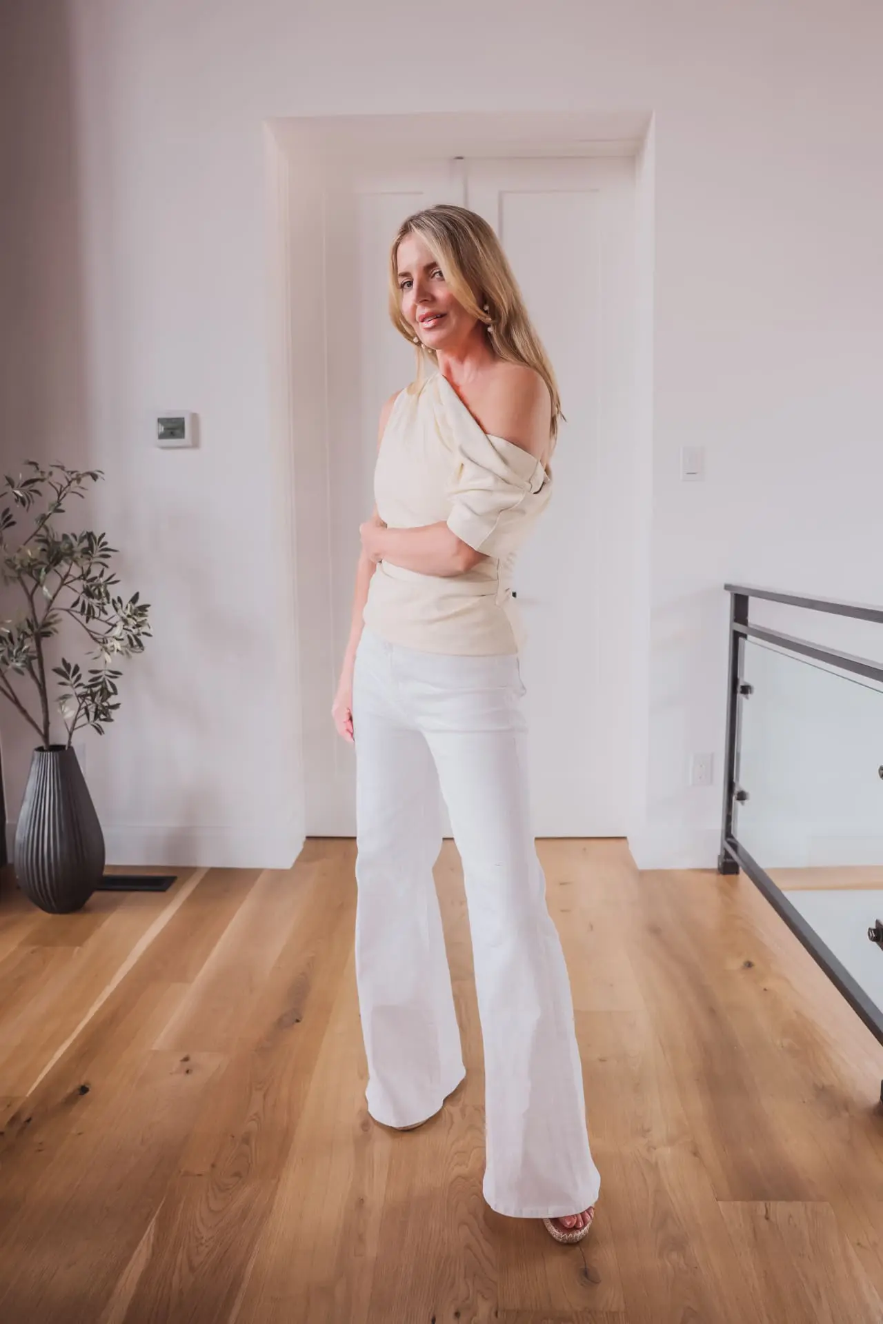Cream Off-Shoulder Top with White Wide-Leg Trousers — Off the Shoulder Top Outfits 2027