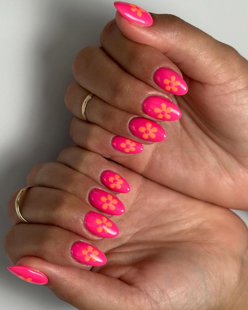 Bright Pink with Orange Flower Motifs Bright Pink with Orange Flower Motifs — Pink Rave Nails 2027