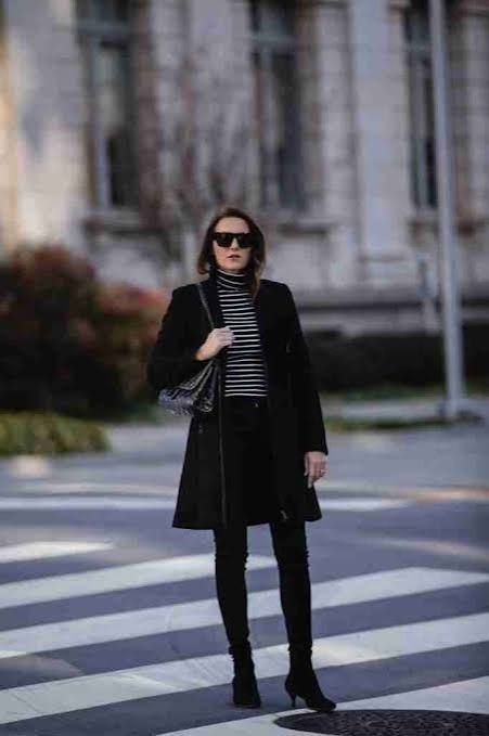 Striped Turtleneck with Black Skinny Pants and A-Line Coat — Turtleneck Outfits 2027