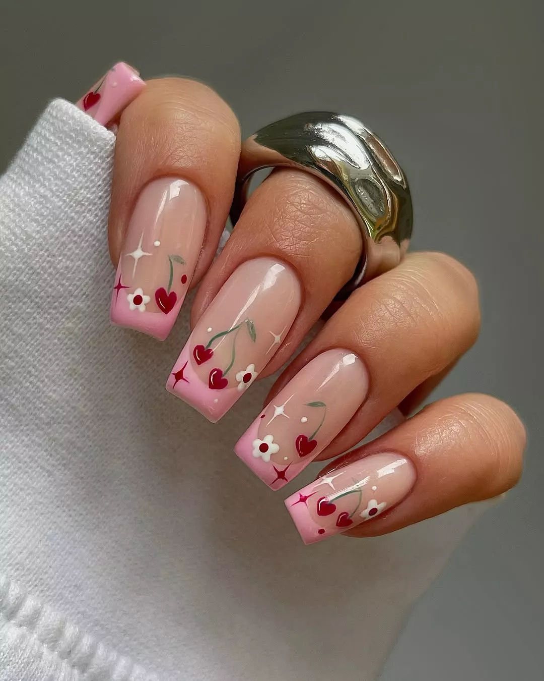 Pink French Tips with Cherry Heart Art Pink French Tips with Cherry Heart Art — Mismatched Heart Nails 2027