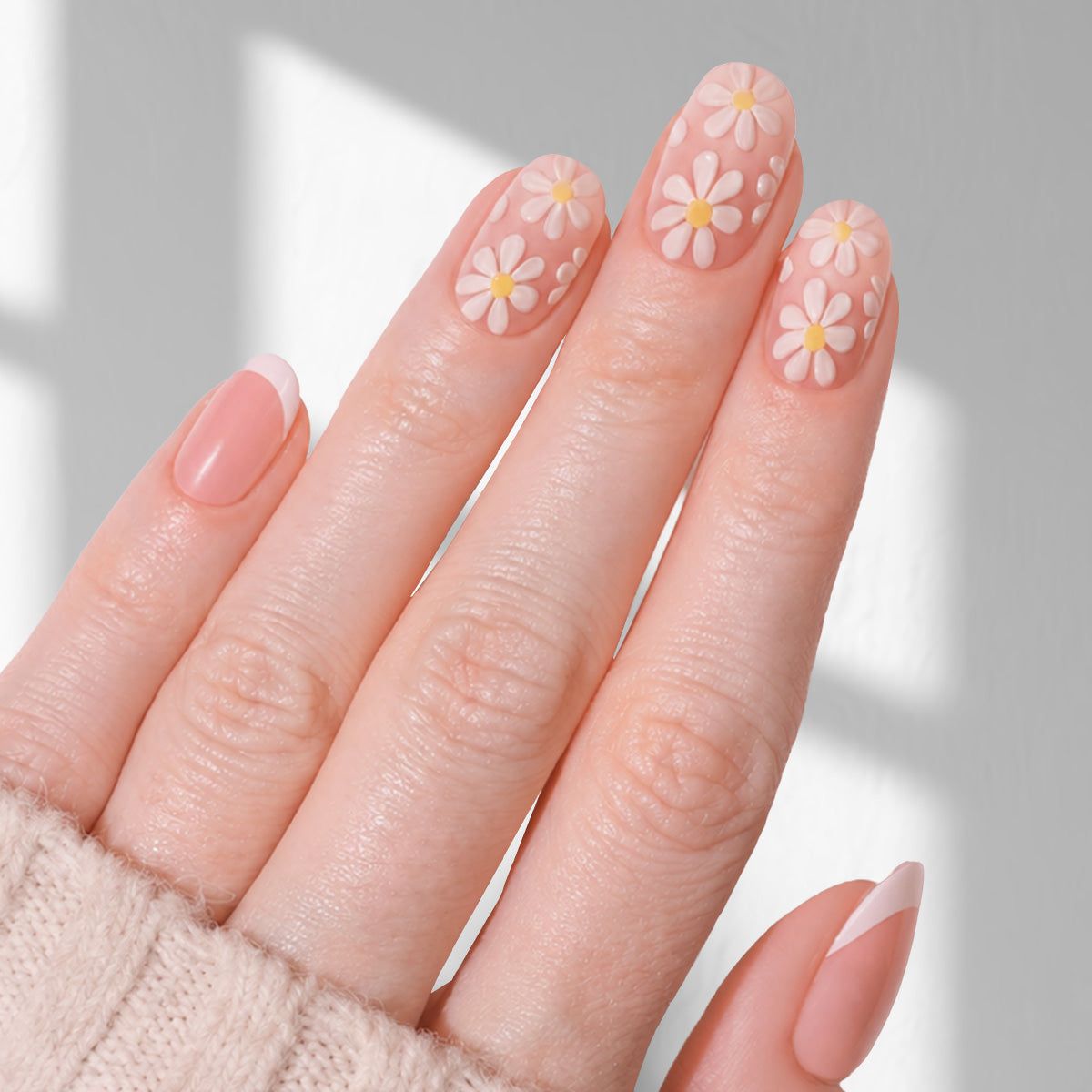 Sheer Nude French Tips with Daisy Accents — Pastel Oval Nails 2027