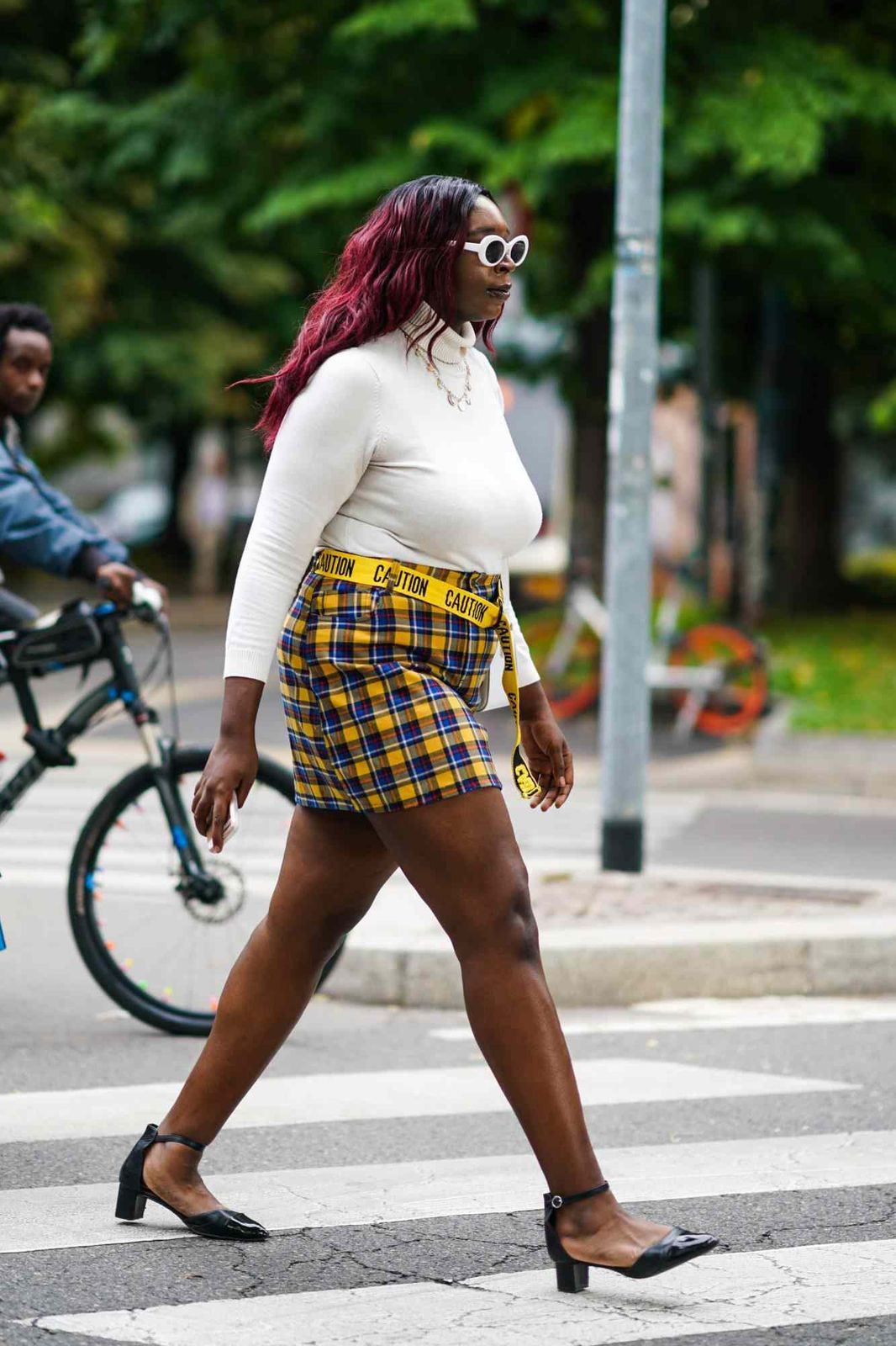 Bold Yellow and Blue Plaid Mini with Caution Belt Accent Bold Yellow and Blue Plaid Mini with Caution Belt Accent — Plaid Mini Skirt Outfits 2027