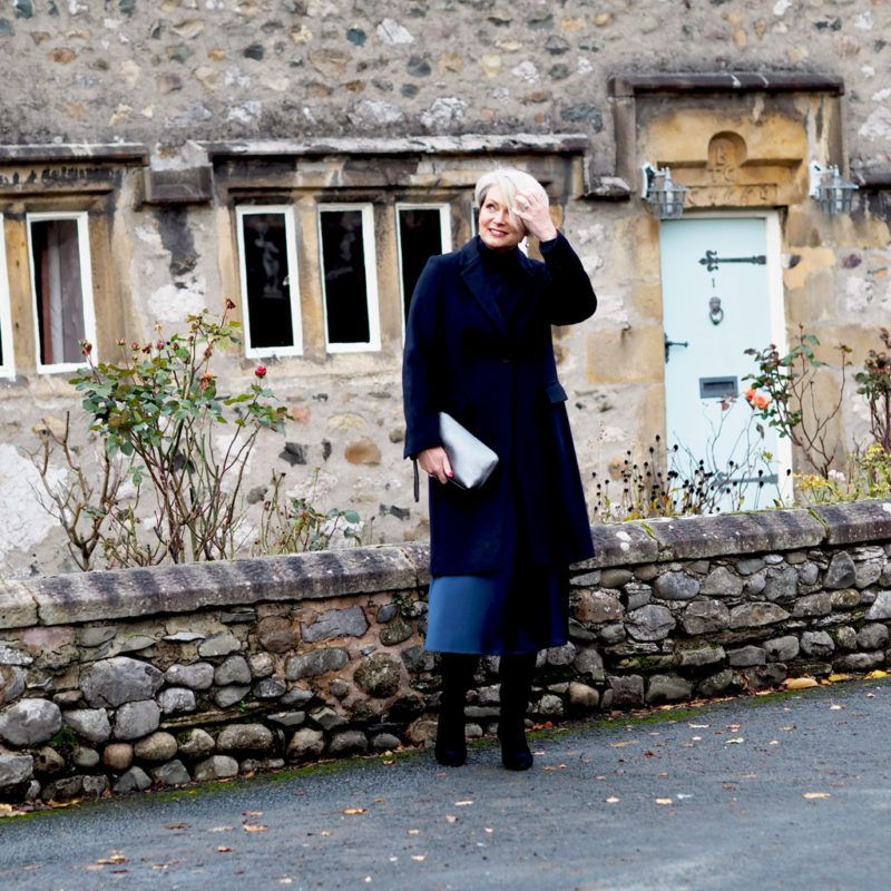 Navy Wool Coat Over Navy Turtleneck And Skirt Navy Wool Coat Over Navy Turtleneck And Skirt — Winter Dinner Outfits 2027