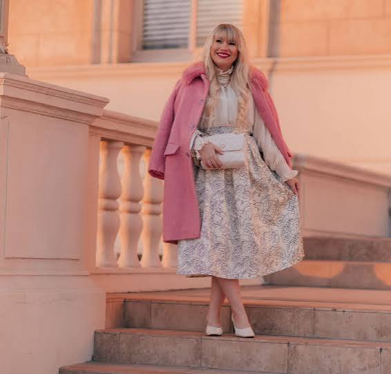 Glamorous Pink Faux Fur Coat Over a Brocade Skirt — Pink Valentines Outfits 2027