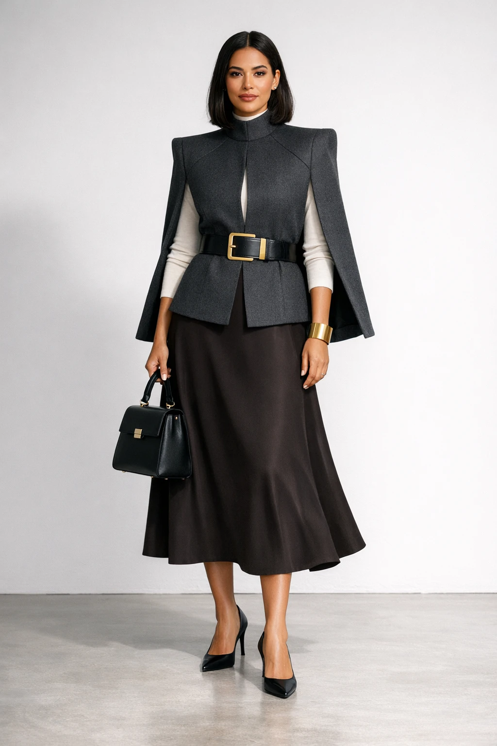 Charcoal Grey Belted Cape Blazer and Midi Skirt Charcoal Grey Belted Cape Blazer and Midi Skirt — Glamoratti Outfits 2027