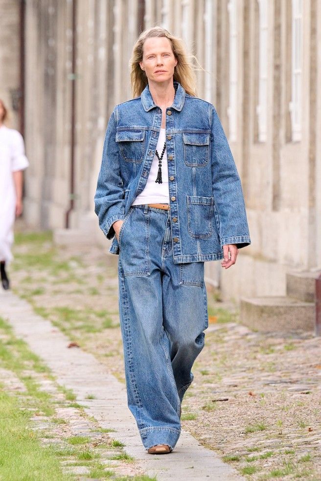 Oversized Blue Denim Jacket with Wide-Leg Pants and Beaded Necklace — Denim Jackets 2027