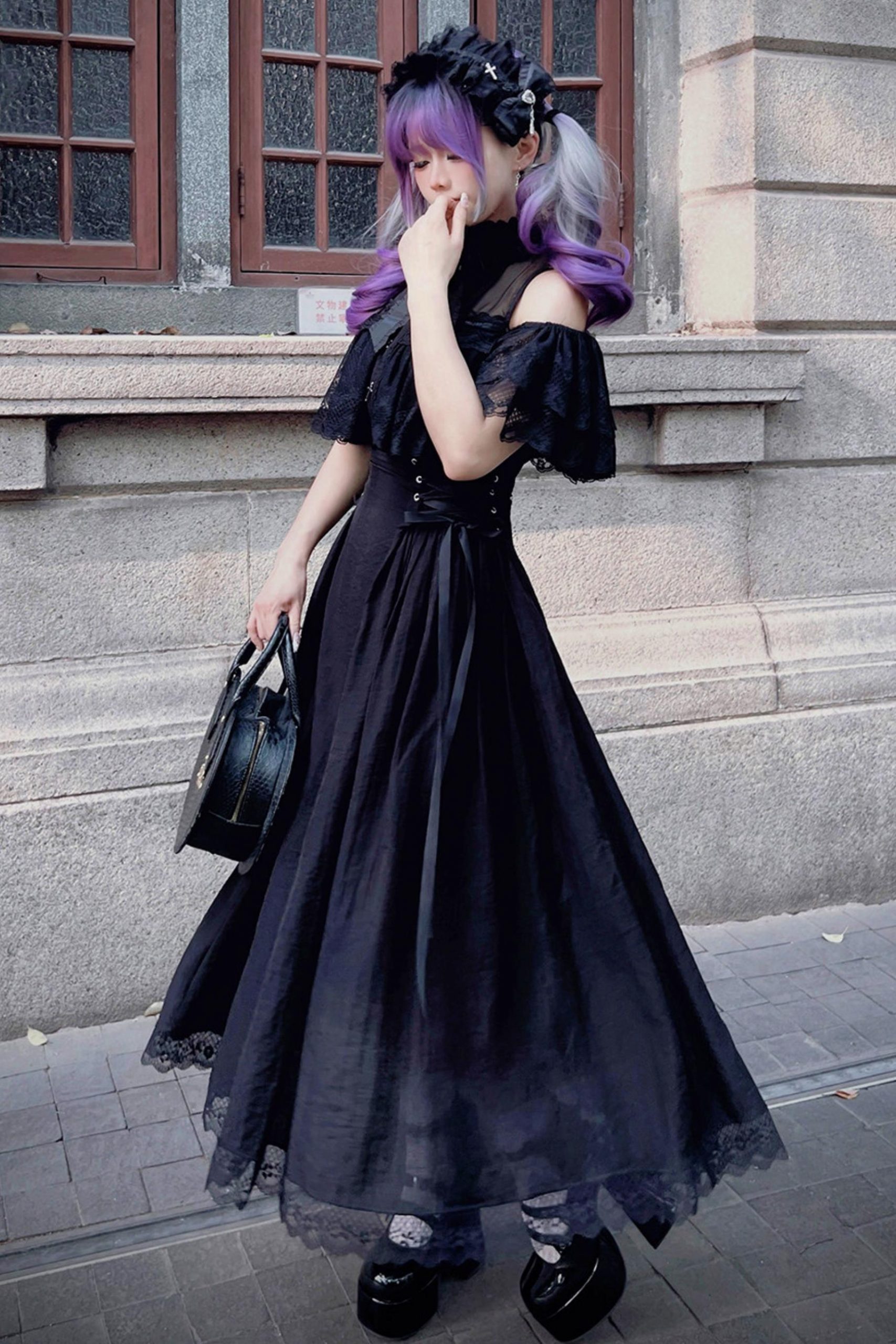 Lace-Trimmed Gothic Dress with Cold-Shoulder and Corset Detail Lace-Trimmed Gothic Dress with Cold-Shoulder and Corset Detail — Goth Lace Outfits 2027