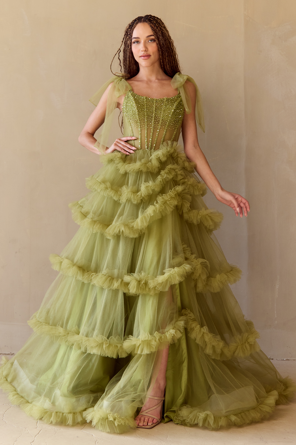 Voluminous Lime Green Tulle Gown with Ruffled Tiers Voluminous Lime Green Tulle Gown with Ruffled Tiers — Ruffle Dresses 2027