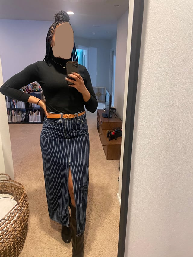 Pinstripe Denim Maxi Skirt and Turtleneck for a Trendy First Day — First Day of Work Outfits 2027