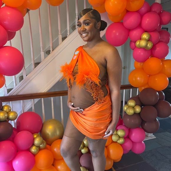 One-Shoulder Orange Mini Dress with Feather Trim One-Shoulder Orange Mini Dress with Feather Trim — Gender Reveal Outfits 2027