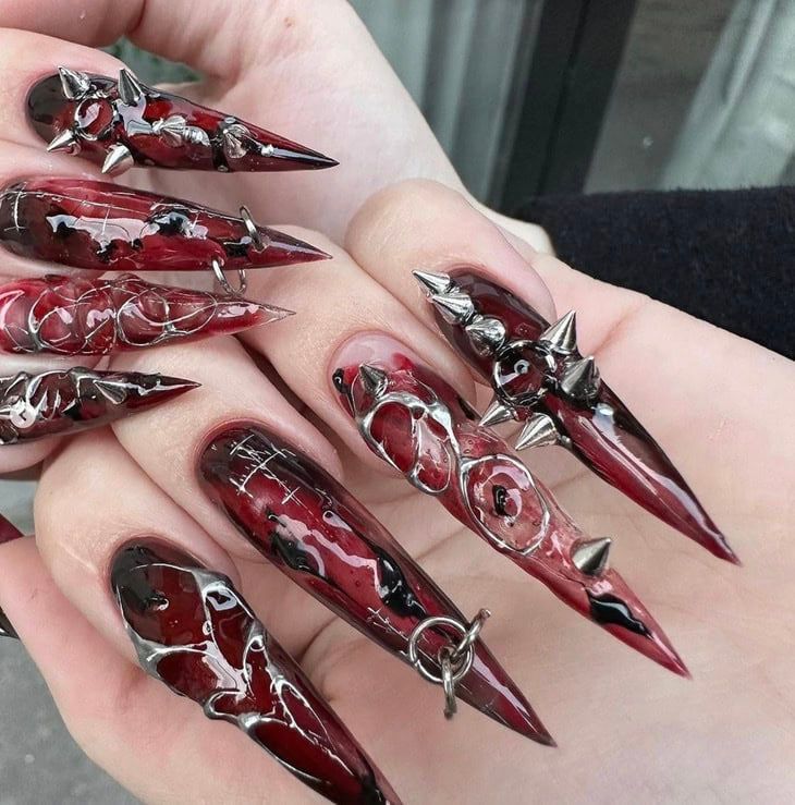 Marbled Blood Splatter Spikes Marbled Blood Splatter Spikes — Vampire Nails 2027