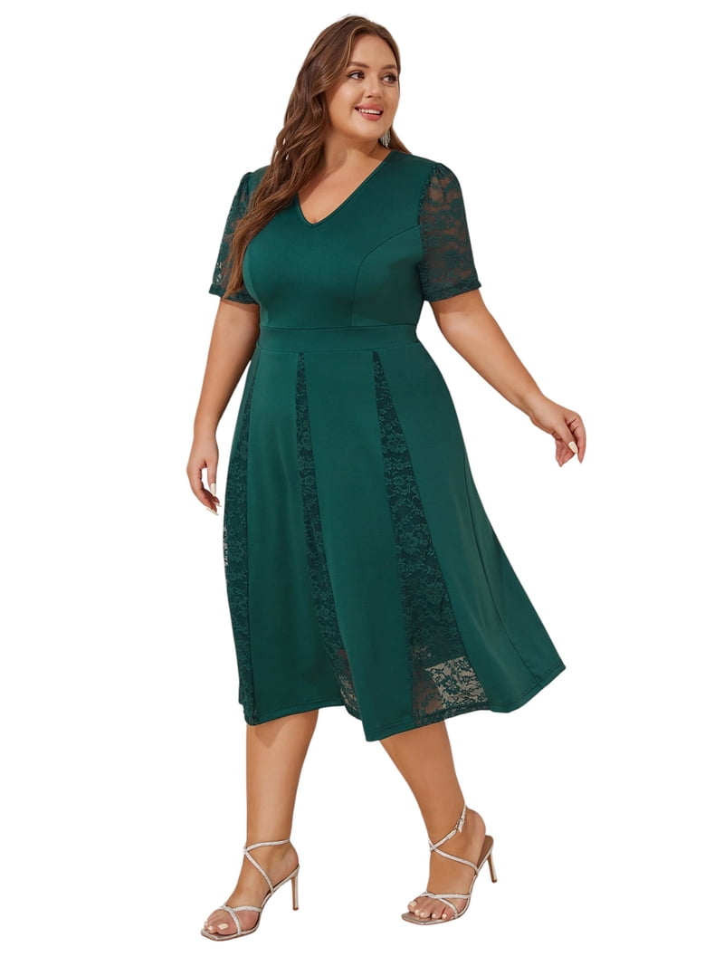 Green Lace Trimmed Fit and Flare Midi Dress Green Lace Trimmed Fit and Flare Midi Dress — Plus Size Wedding Guest Outfits 2027