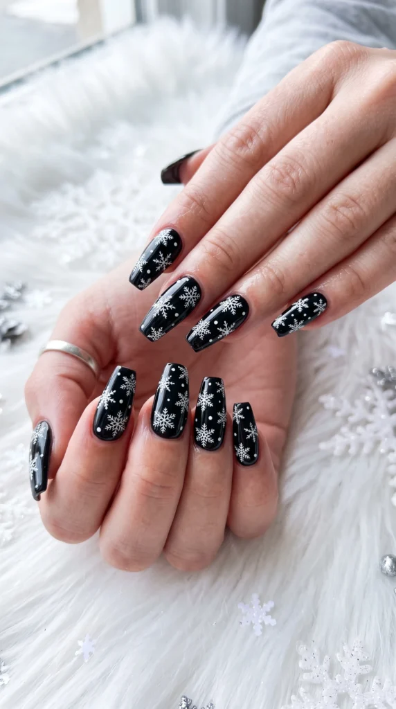 Glossy Black Snowflake Coffin Nails Glossy Black Snowflake Coffin Nails — Winter Coffin Nails 2027