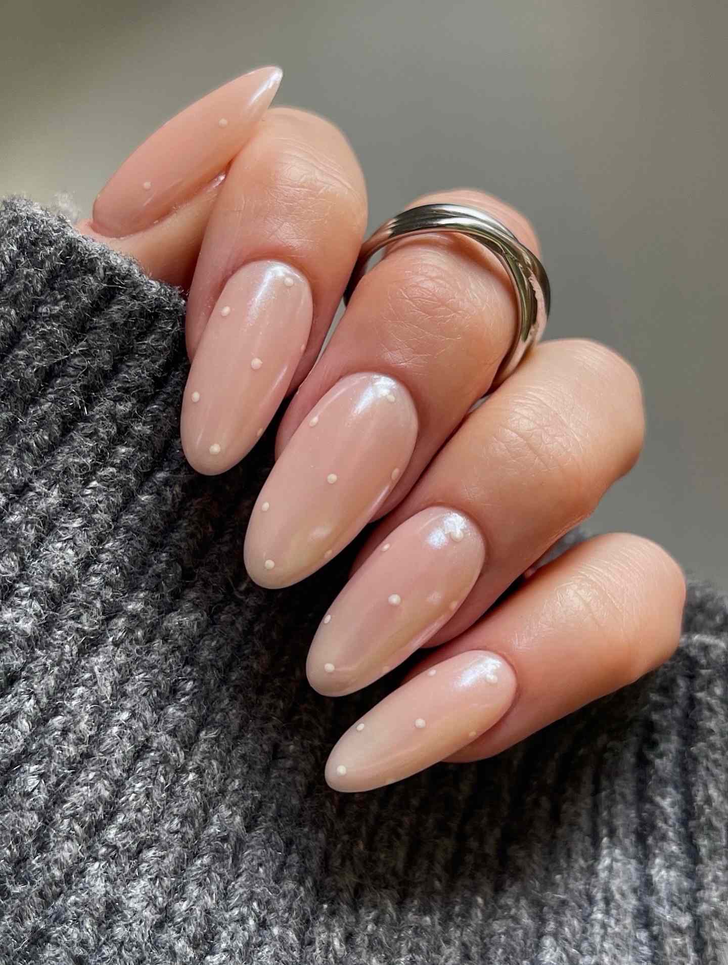Nude Glossy with White Polka Dots Almonds Nude Glossy with White Polka Dots Almonds — Long Almond Nails 2027