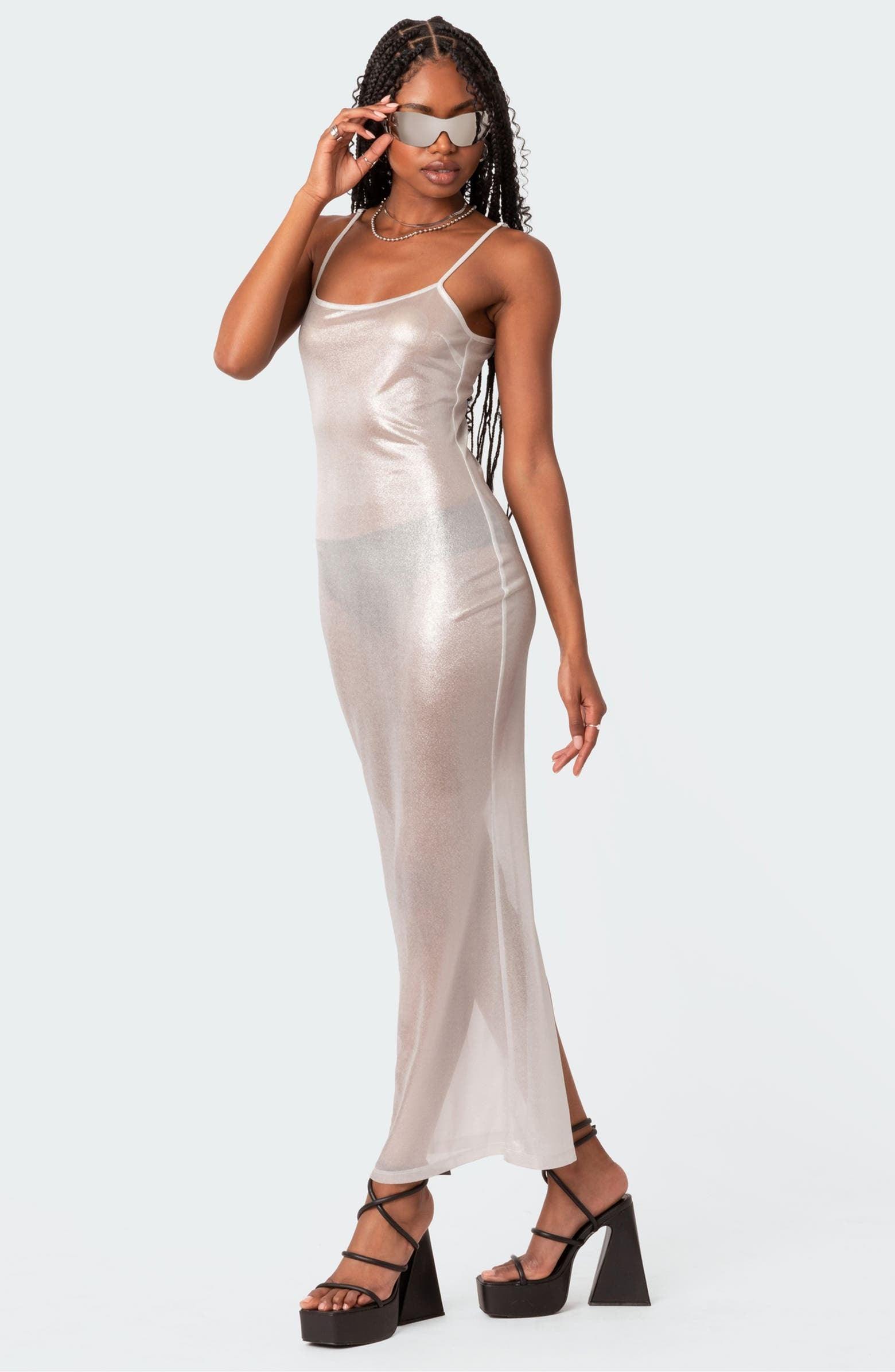 Sheer Metallic Maxi Dress for Evening — Silver Outfits 2027