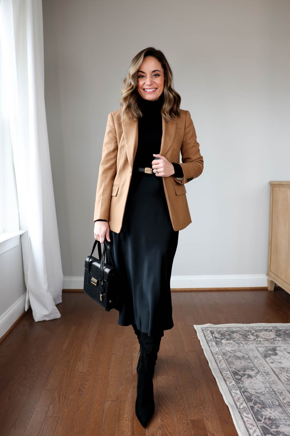 Camel Blazer with Black Turtleneck and Satin Slip Skirt Camel Blazer with Black Turtleneck and Satin Slip Skirt — Winter Office Outfits 2027