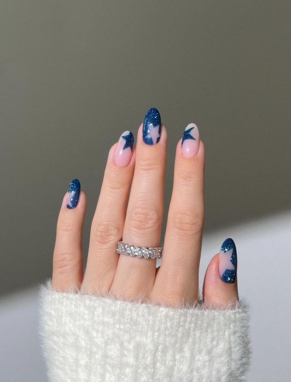 Sheer Nude with Dark Blue Glitter Stars — Moon and Stars Nails 2027