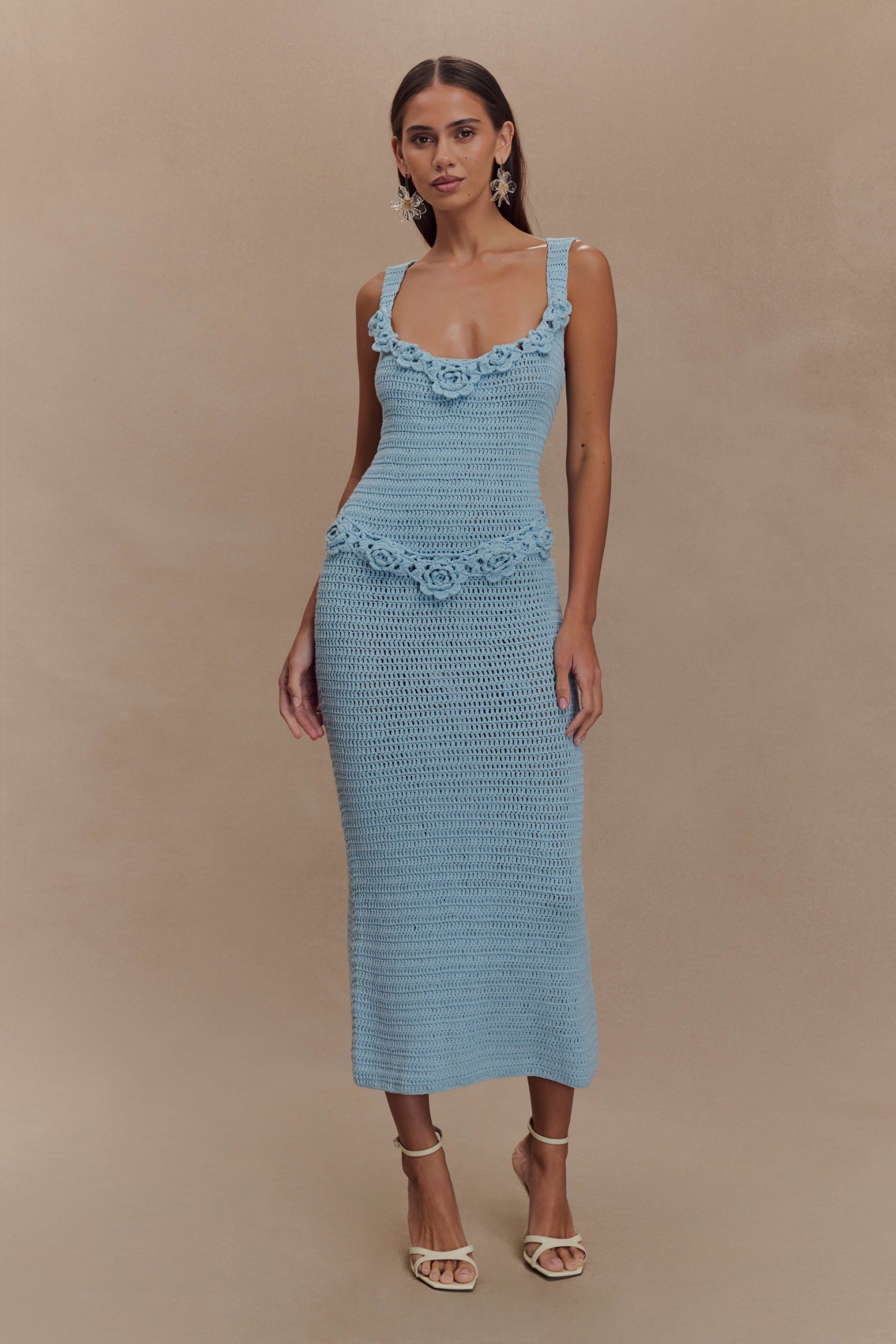 Light Blue Fitted Midi Dress with Floral Crochet Accents Light Blue Fitted Midi Dress with Floral Crochet Accents — Crochet Dresses 2027