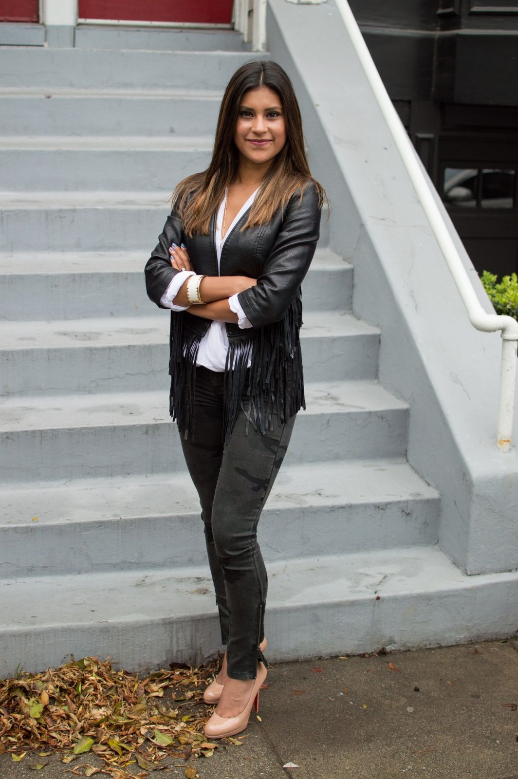 Bold Contrast: Black Fringe Jacket with Camouflage Jeans Bold Contrast: Black Fringe Jacket with Camouflage Jeans — Fringe Jacket Outfits 2027