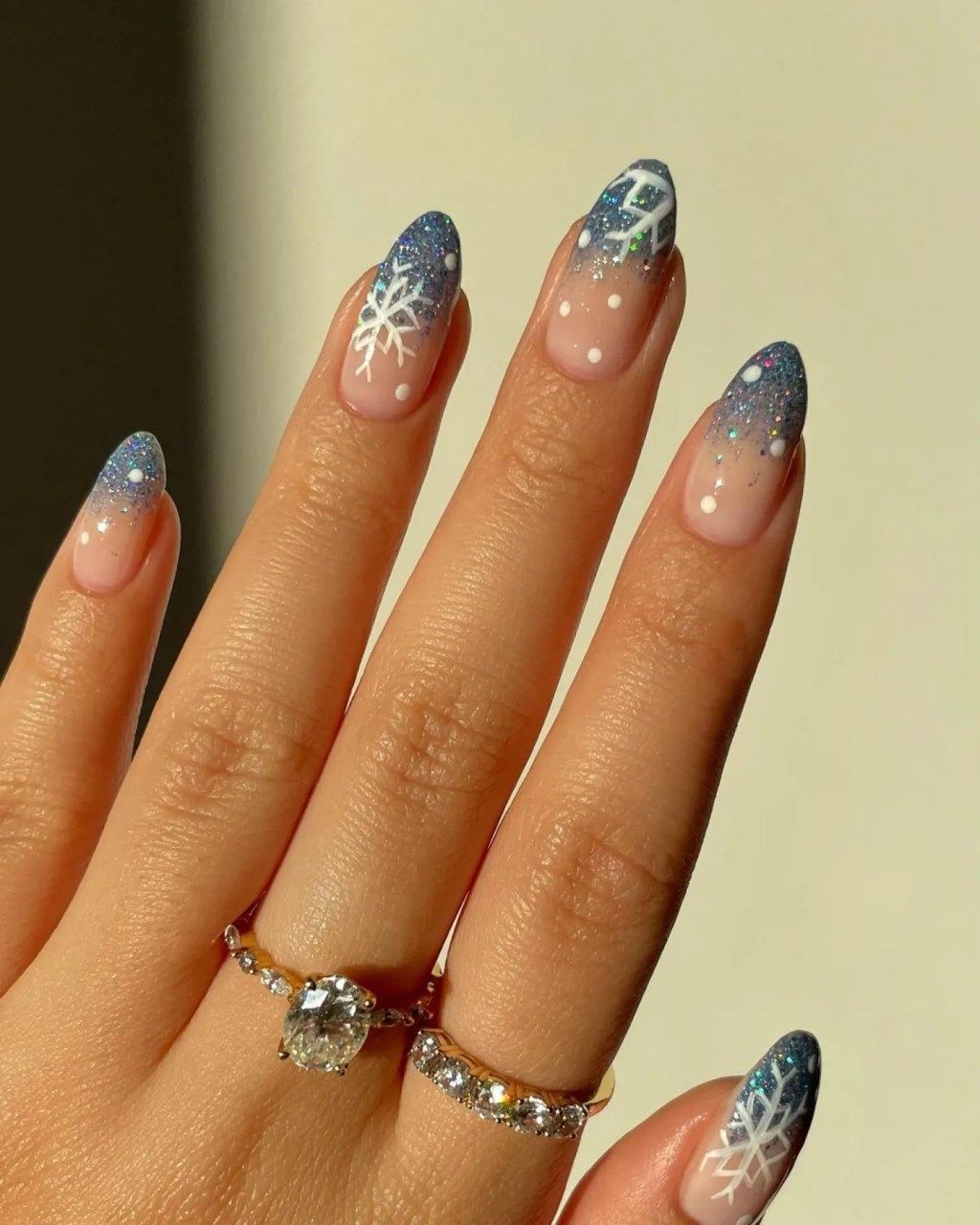 Blue Glitter Gradient Snowflake Nails — Winter Ombre Nails 2027