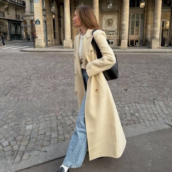 Oversized Cream Wool Coat with Wide-Leg Jeans — Beige Spring Outfits 2027