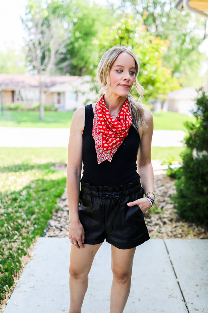 Bold Accessory: Red Bandana Neck Scarf with Faux Leather Shorts Bold Accessory: Red Bandana Neck Scarf with Faux Leather Shorts — Bandana Outfits 2027