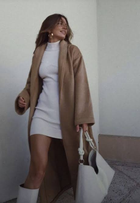 Camel Oversized Coat Over Grey Knit Dress for Dressy Casual Comfort — Dressy Winter Outfits 2027