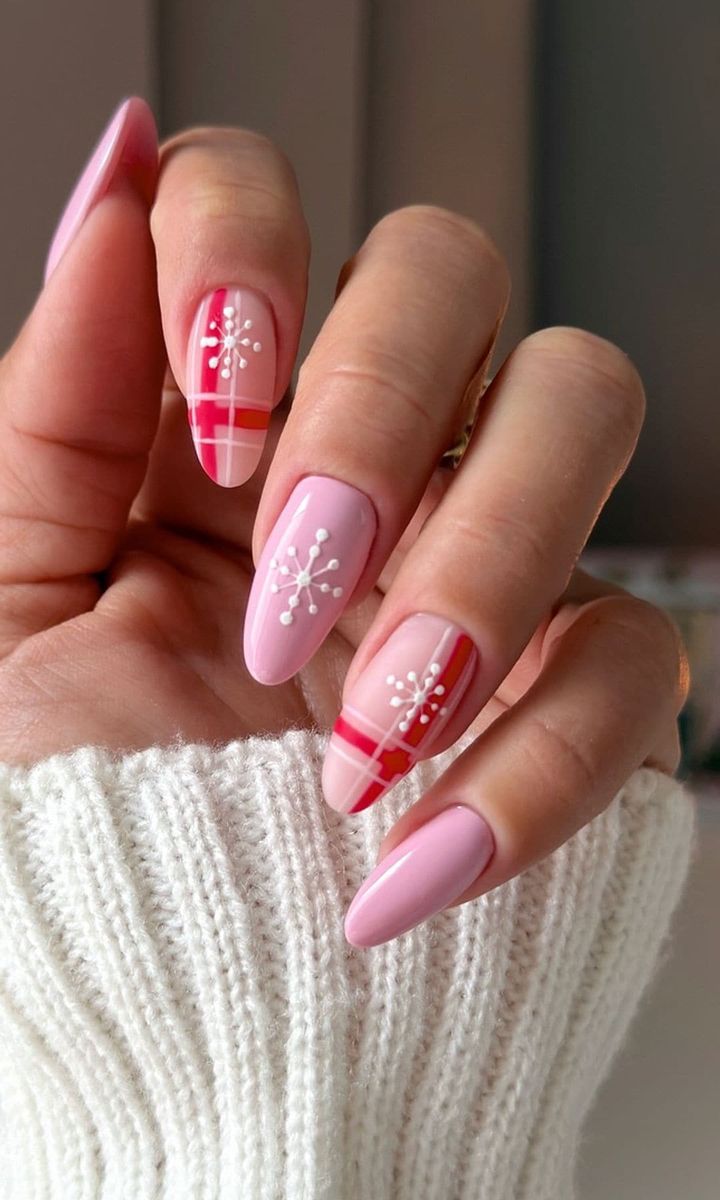 Pink Almonds with Snowflakes and Plaid Pink Almonds with Snowflakes and Plaid — Christmas Acrylic Nails 2026