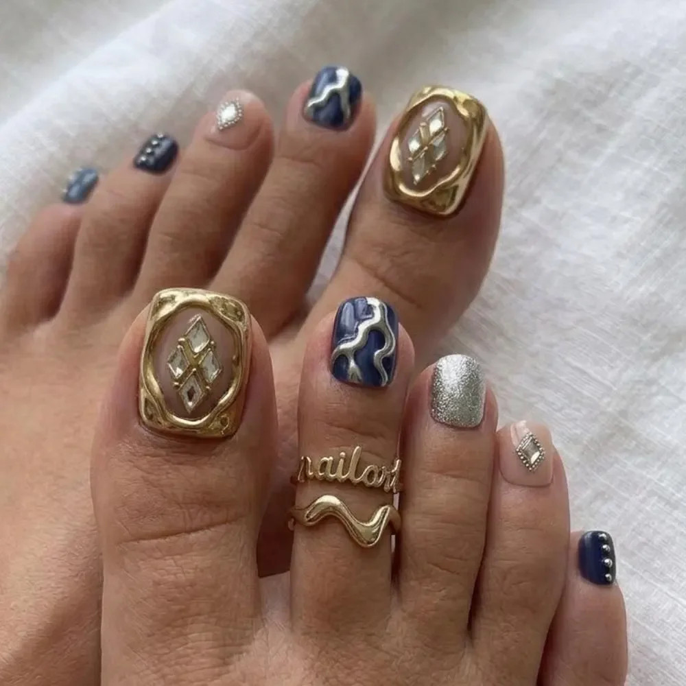 Mixed Silver Glitter, Blue Waves, and Gold Frames Mixed Silver Glitter, Blue Waves, and Gold Frames — Silver Toe Nails 2027