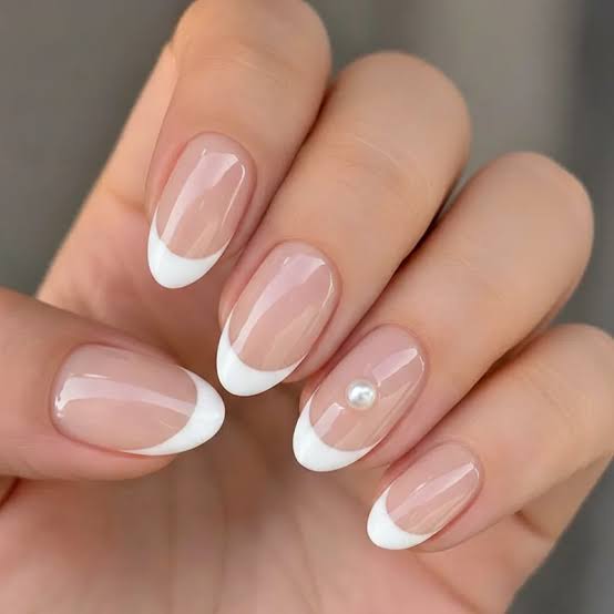 Wedding Sheer Pink Pearl Accent French Wedding Sheer Pink Pearl Accent French — Simple Wedding Nails 2027
