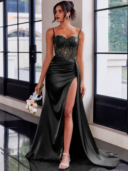 Ruched Black Satin Prom Gown with Beaded Sweetheart Neckline Ruched Black Satin Prom Gown with Beaded Sweetheart Neckline — Black Prom Dresses 2027