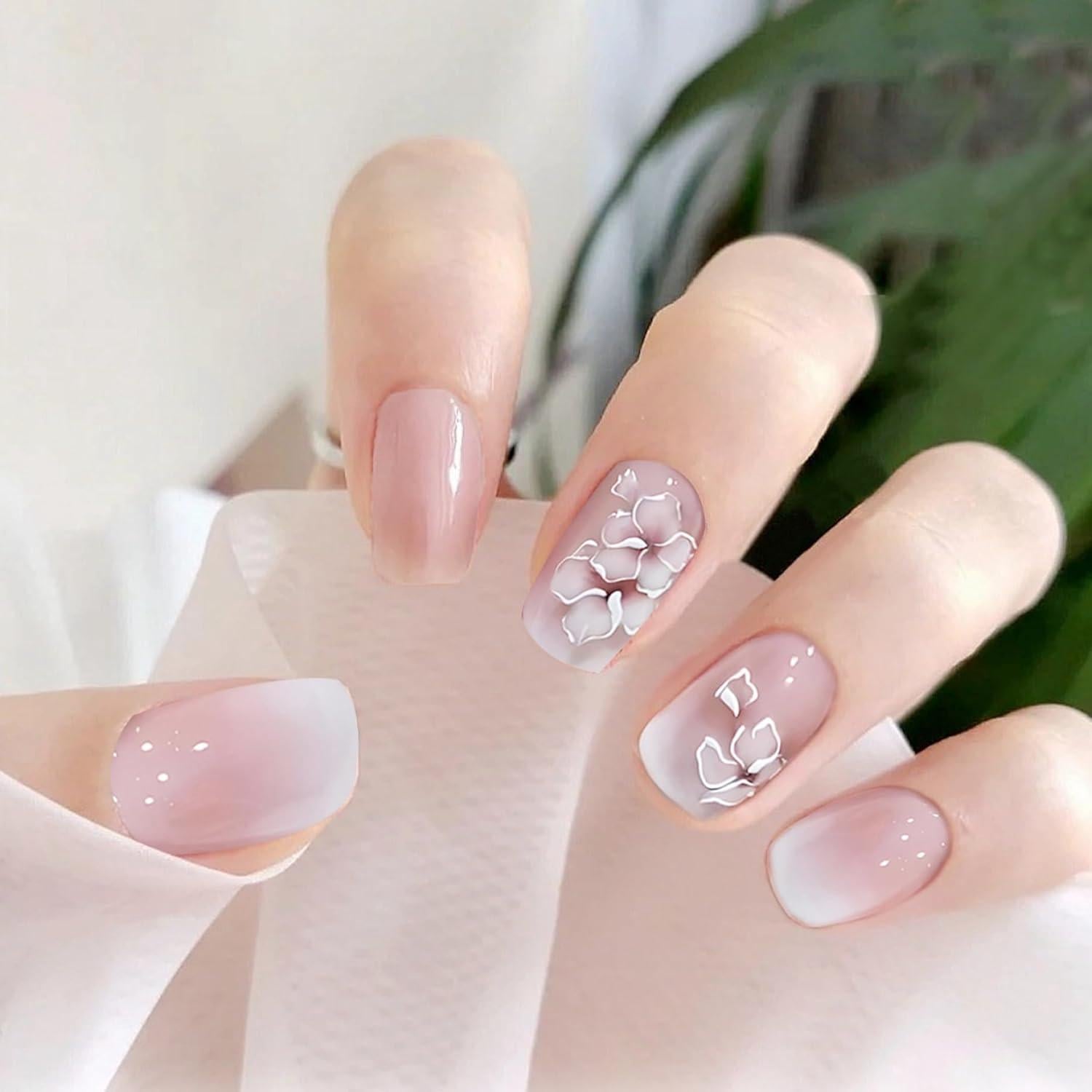 Floral Art Gradient Nude Square Nails Floral Art Gradient Nude Square Nails — Short Press On Nails 2027