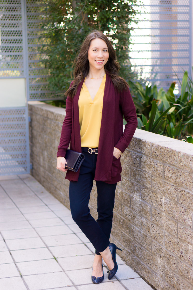 Business Casual Burgundy Cardigan with Yellow Top and Navy Trousers — Burgundy Outfits 2027