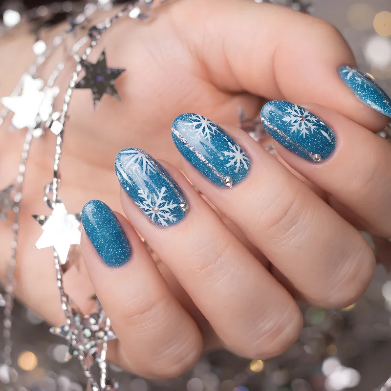 Vibrant Blue Glitter Snowflake Ovals Vibrant Blue Glitter Snowflake Ovals — Blue Christmas Nails 2026