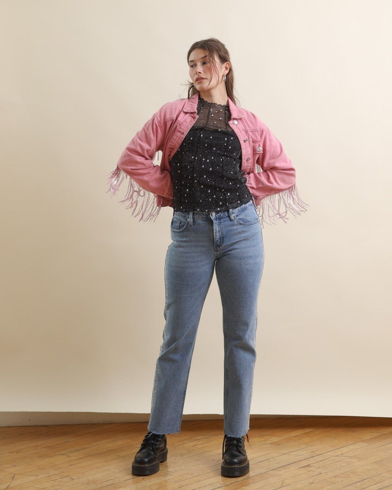 Playful Pink: Sequin Fringe Jacket with Star Print and Platform Boots Playful Pink: Sequin Fringe Jacket with Star Print and Platform Boots — Fringe Jacket Outfits 2027