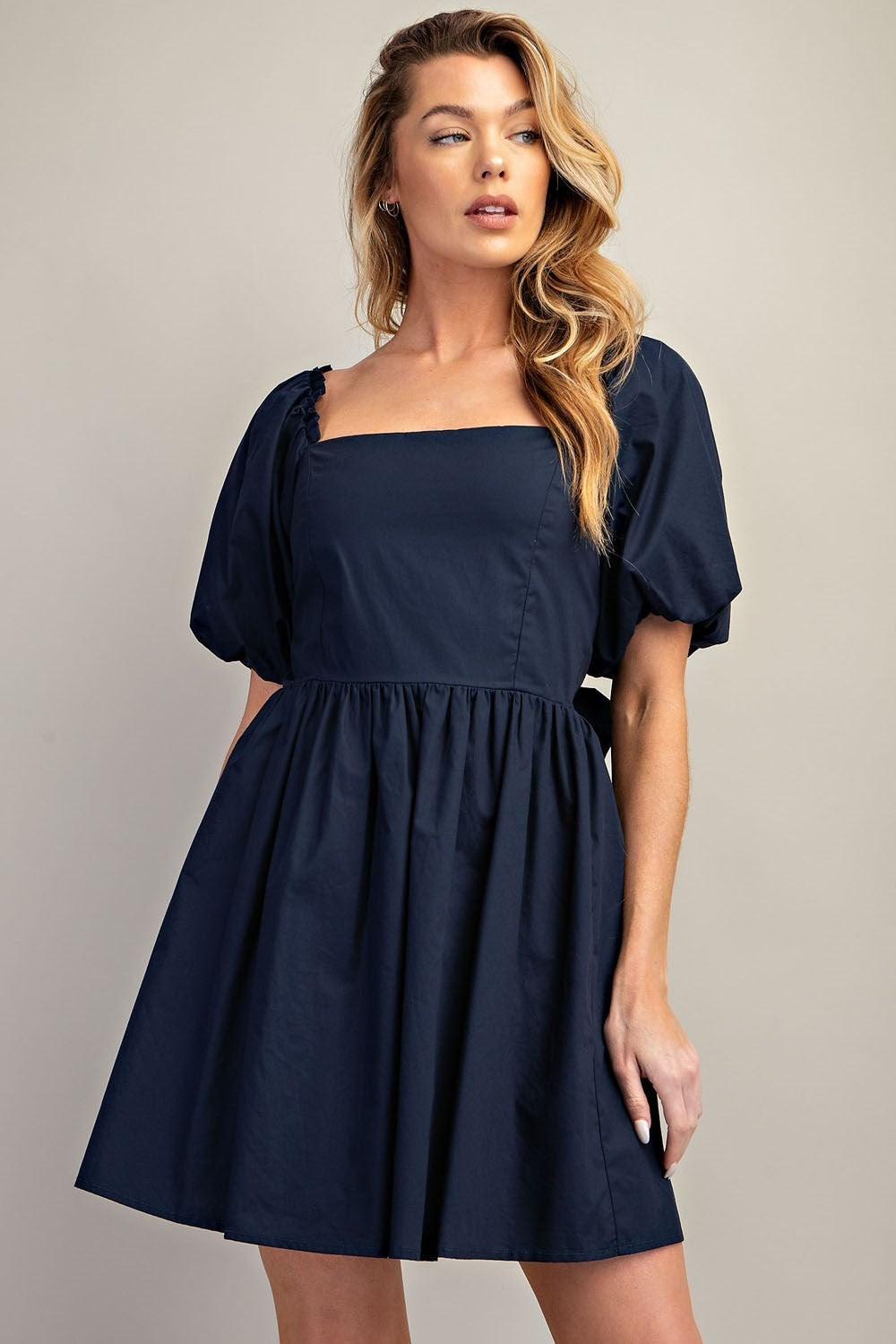 Navy Blue Cotton Mini Dress with Puff Sleeves Navy Blue Cotton Mini Dress with Puff Sleeves — Puff Sleeve Dresses 2027