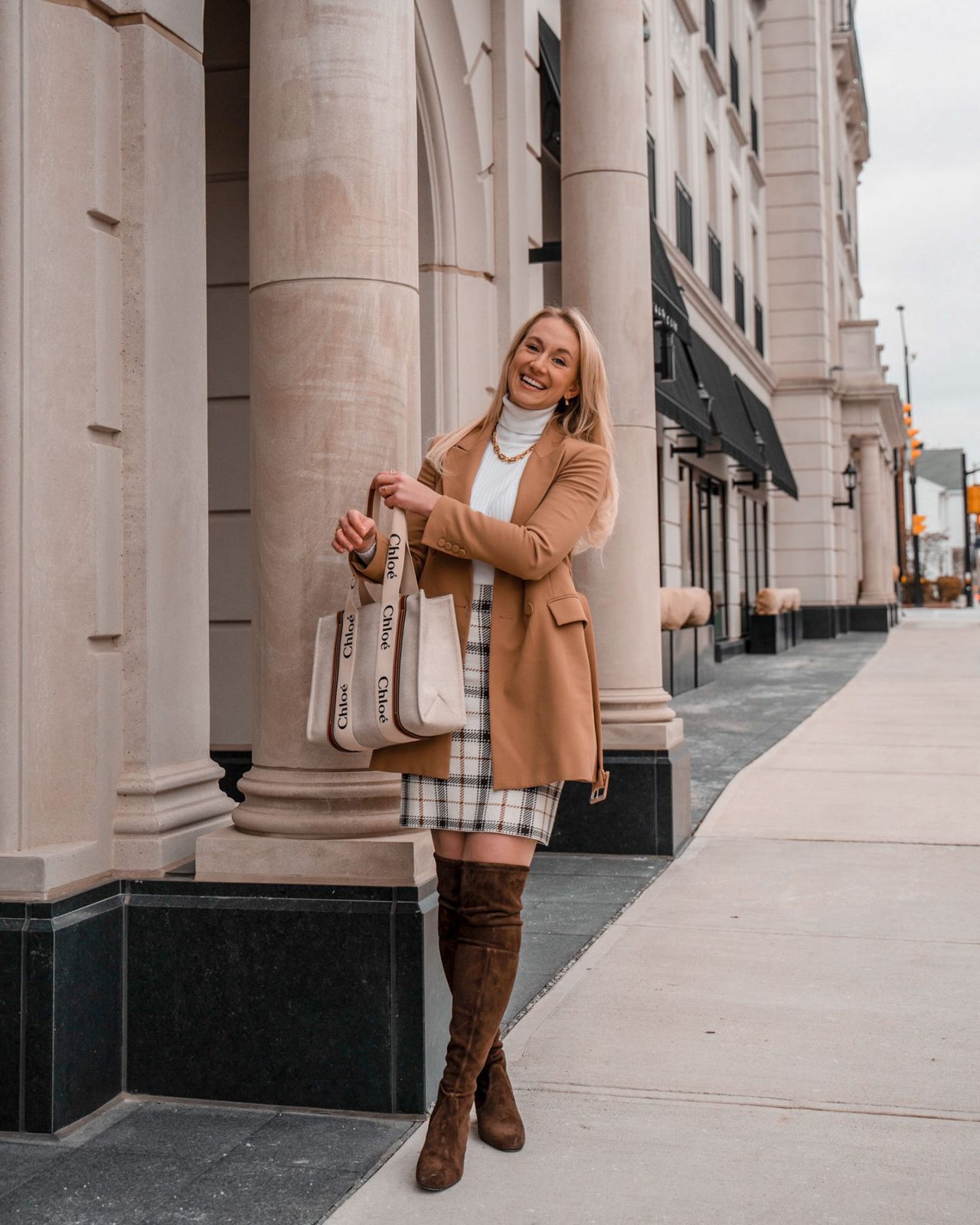 Smart Casual Autumn: Plaid Mini with Camel Blazer and OTK Boots Smart Casual Autumn: Plaid Mini with Camel Blazer and OTK Boots — Plaid Mini Skirt Outfits 2027