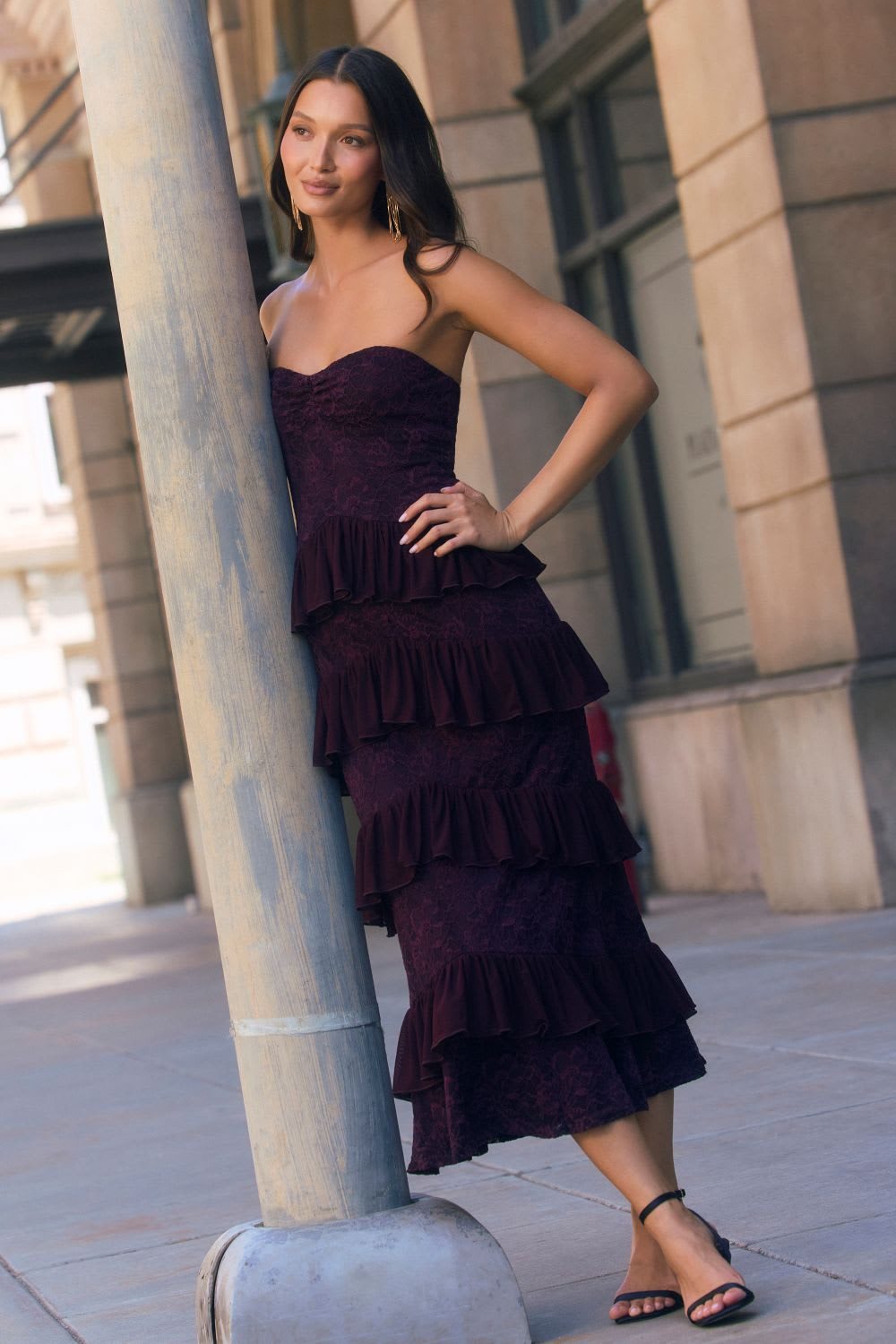Lace Ruffles: Deep Purple Strapless Midi Dress — Cocktail Bar Outfits 2027